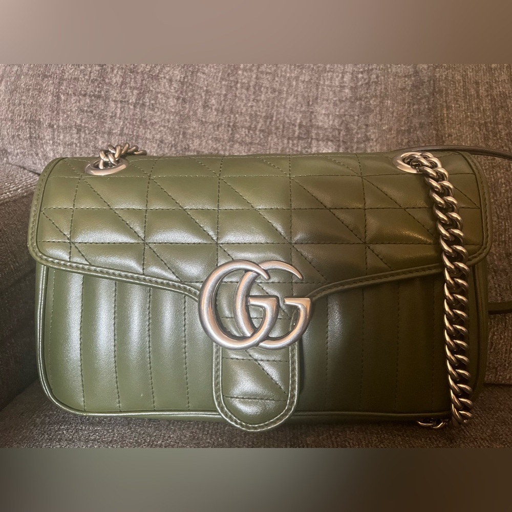 GUCCI CALFSKIN MATELASSE ARIA SMALL GG MARMONT SHOULDER BAG GREEN